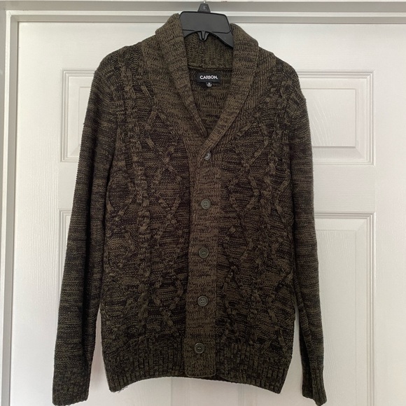 Mens Casual Dark Green Cardigan Sweater with Buttons - Picture 1 of 4